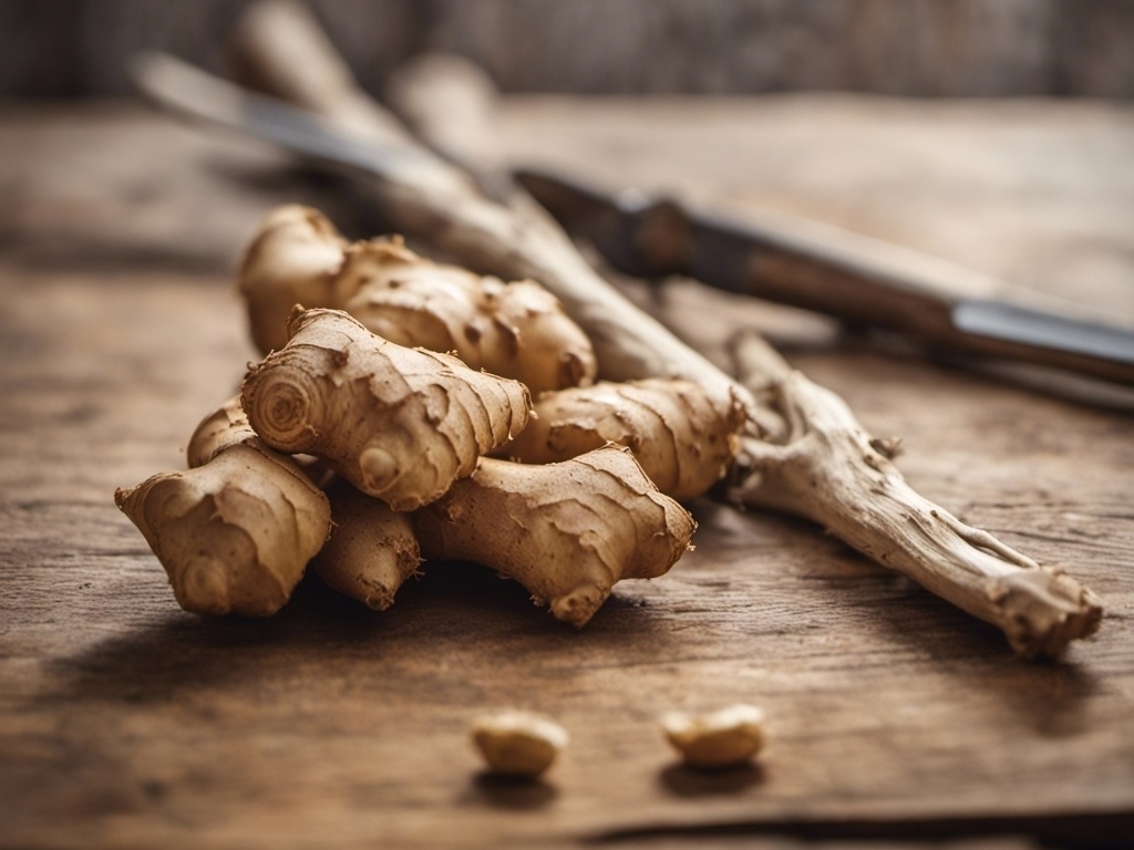 Корень имбиря на столе 