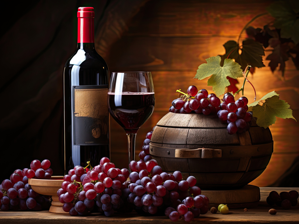 Розовый виноград на столе с вином