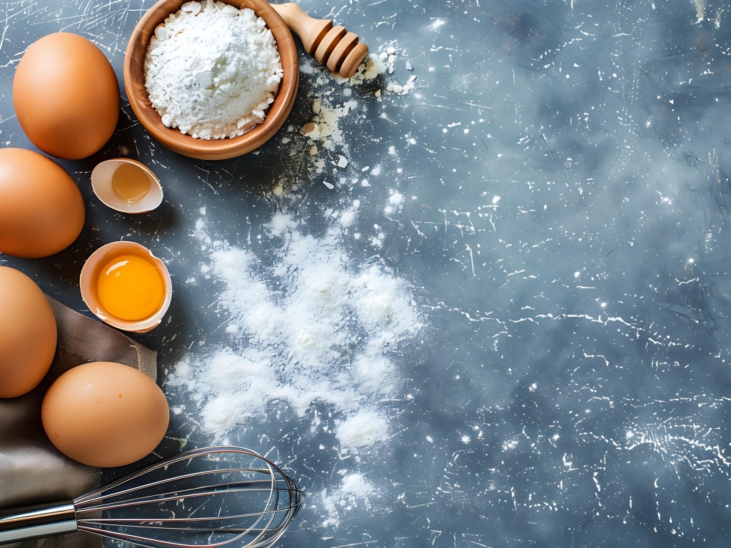 Свежие яйца, мука и венчик на сером столе