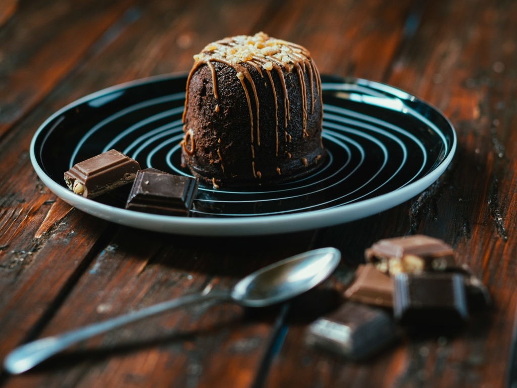 Шоколадный десерт на большой тарелке 