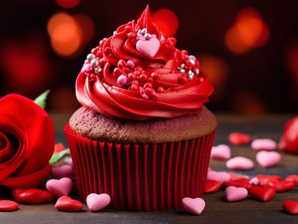 Кекс с красным кремом, розой и конфетами