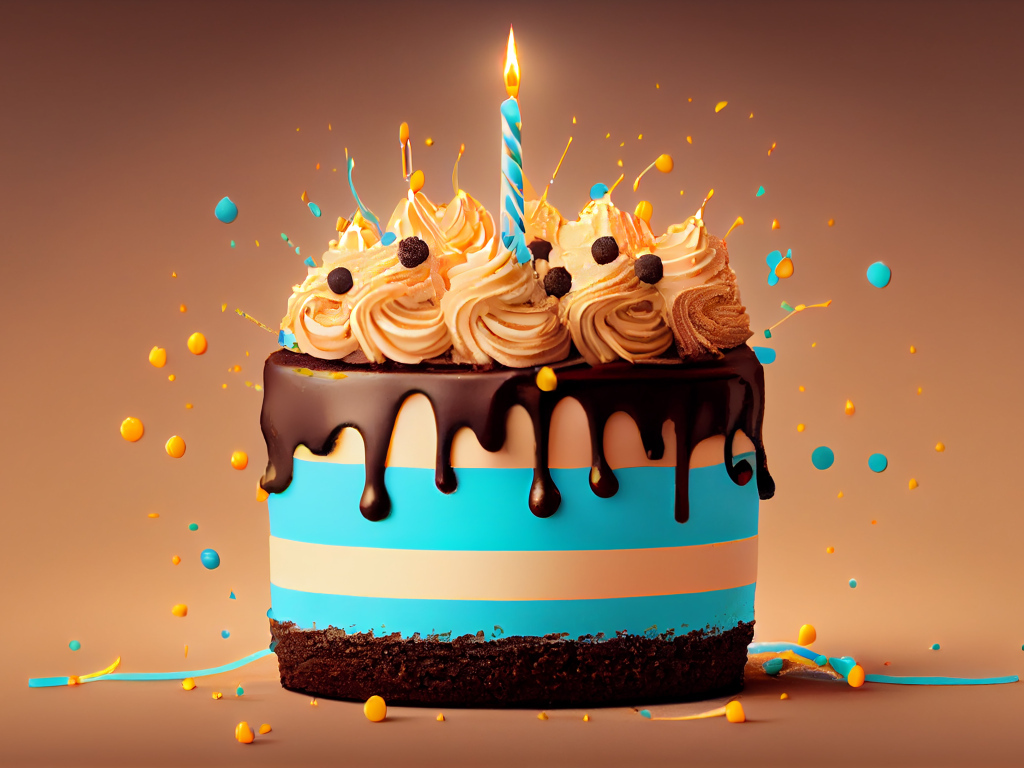 Праздничный разноцветный торт с зажженной свечкой