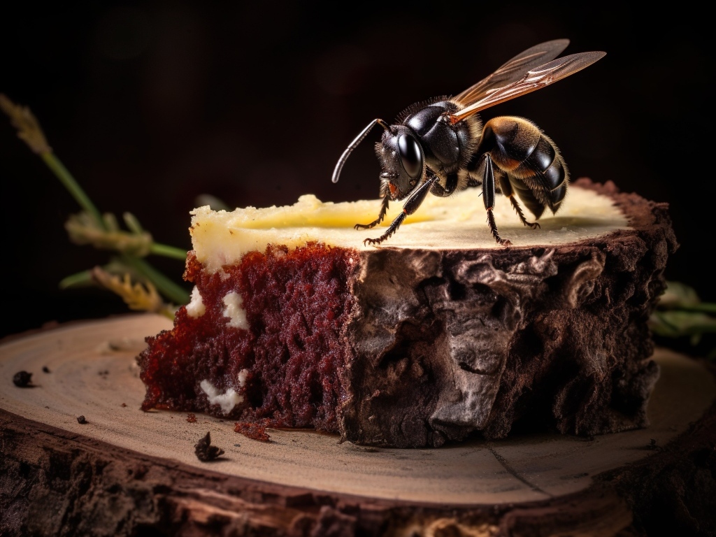 Большой кусок шоколадного торта с пчелой