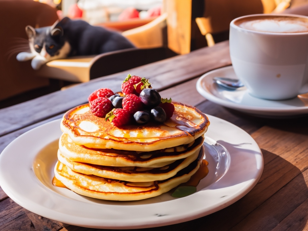 Оладьи с ягодами на столе с кружкой кофе