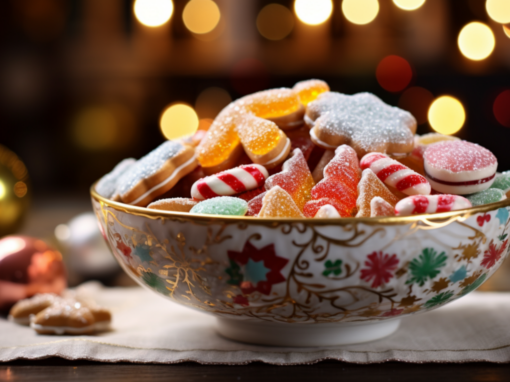 Сладкие праздничные конфеты в тарелке на столе