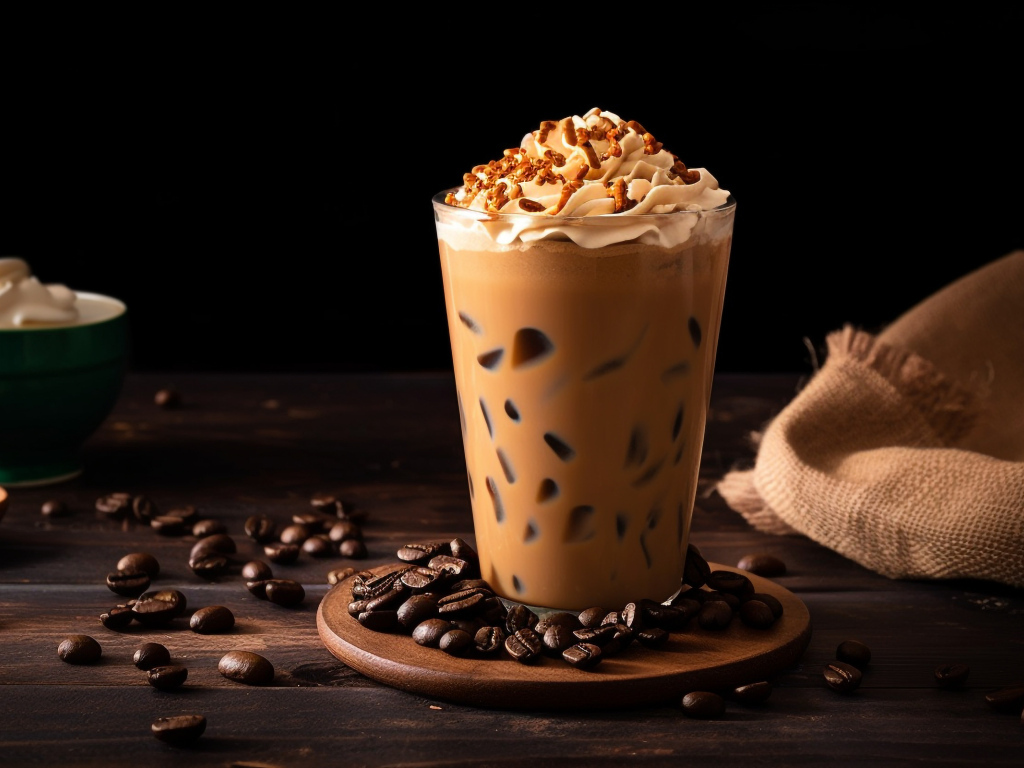 Напиток со взбитыми сливками на столе с кофейными зернами