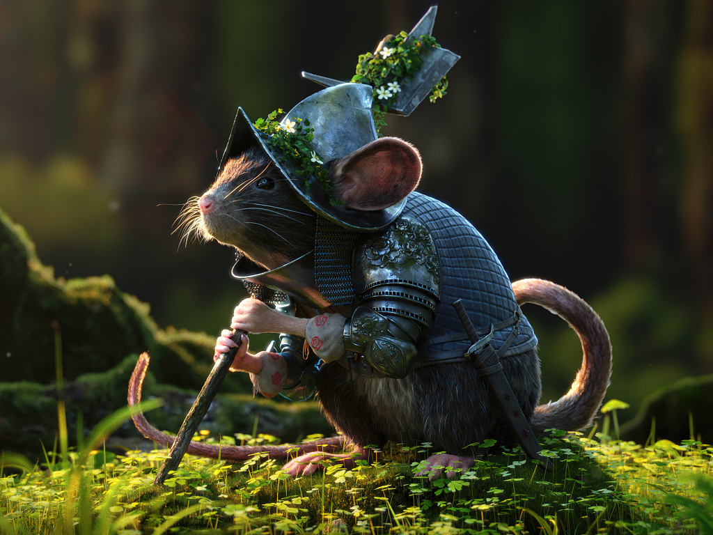 Маленькая мышка в доспехах с оружием