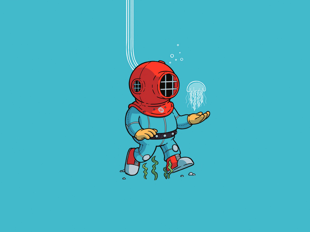 Аквалангист под водой на голубом фоне