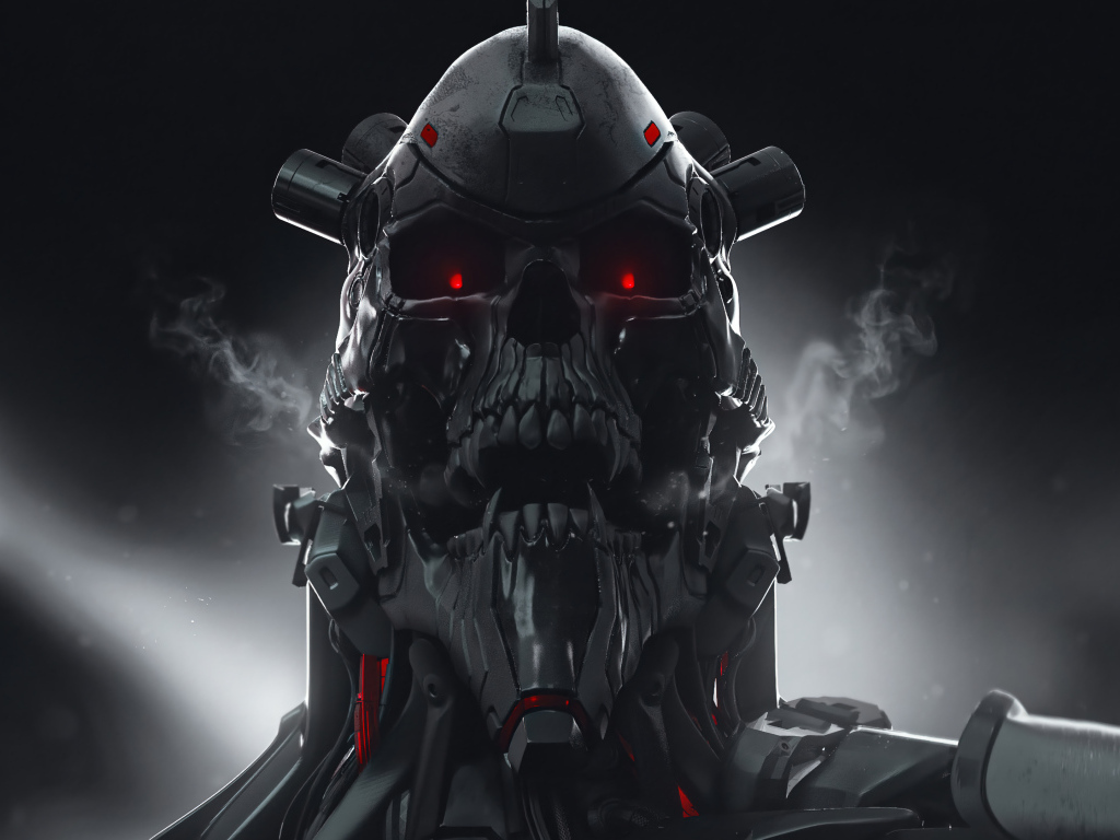 Злой солдат андроид на сером фоне