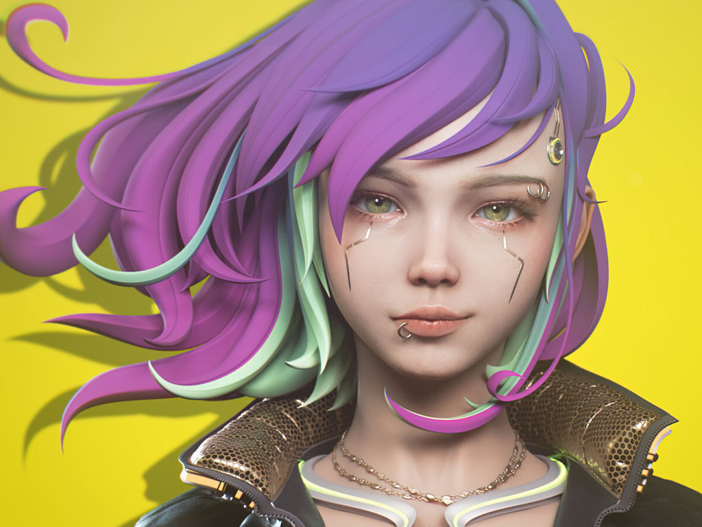 Девушка cyberpunk с сиреневыми волосами