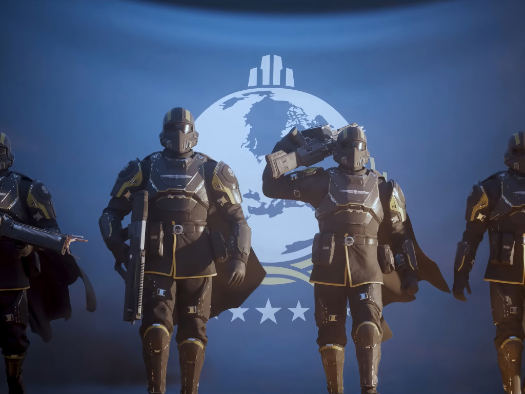 Четыре солдата из компьютерной игры Helldivers 2