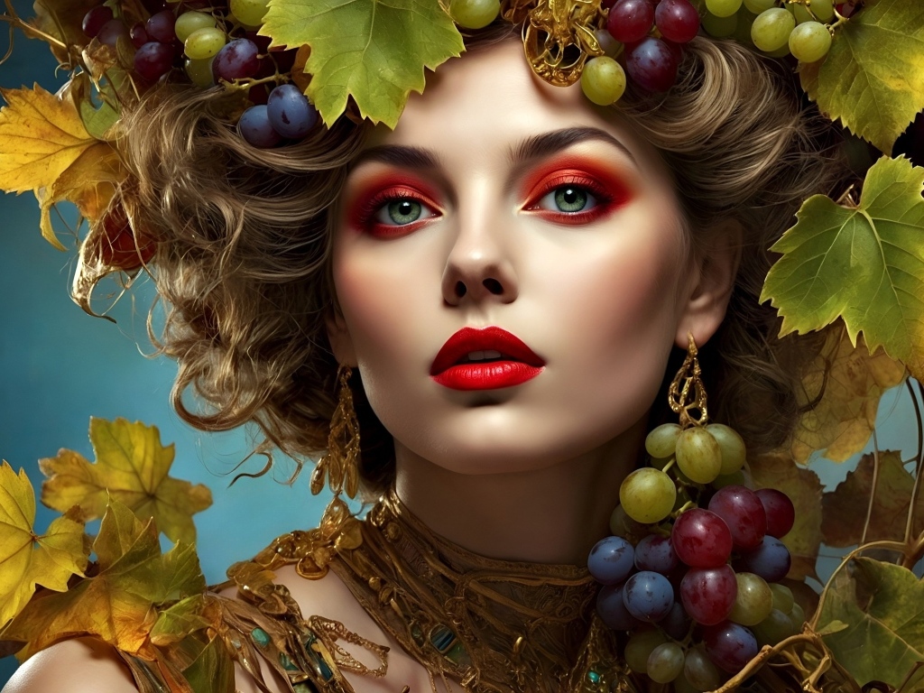 Красивая нарисованная девушка в винограде