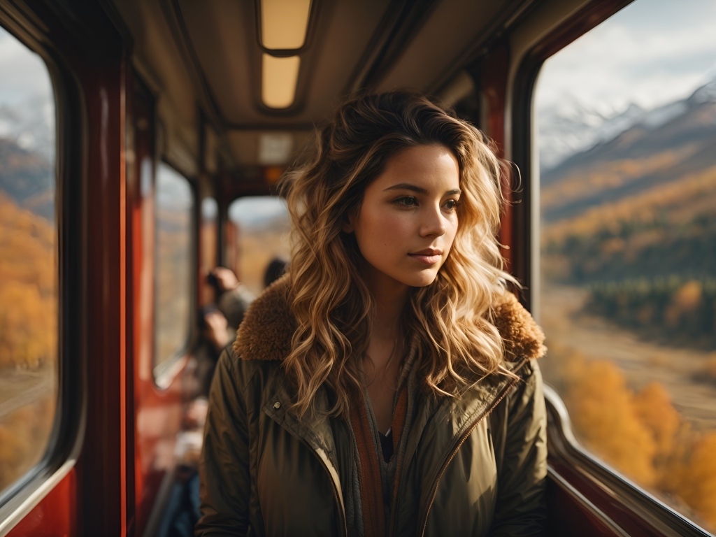 Девушка едет в вагоне поезда