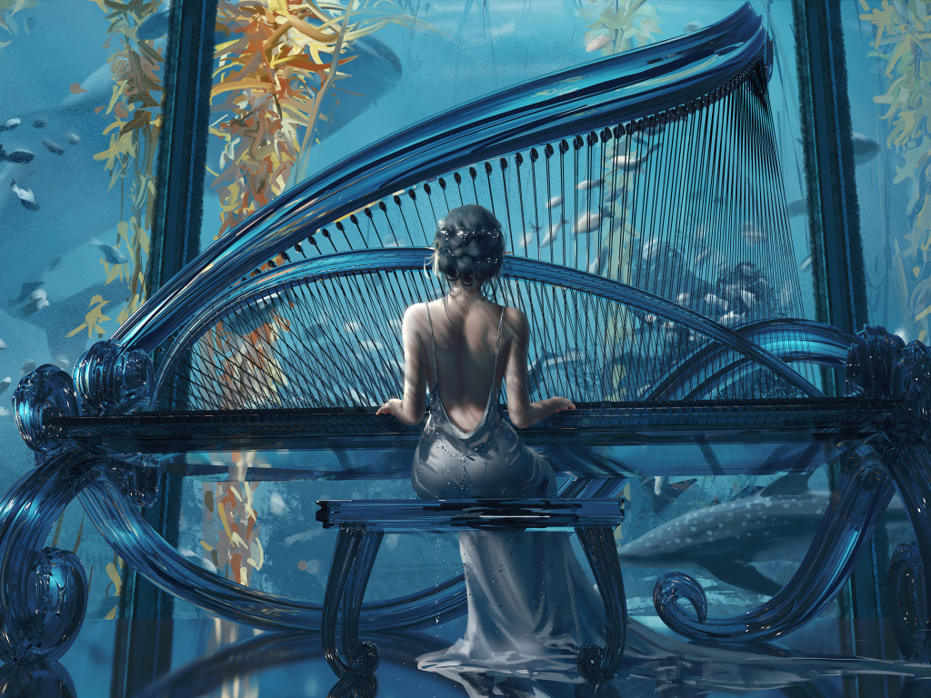 Девушка сидит за большим черным роялем