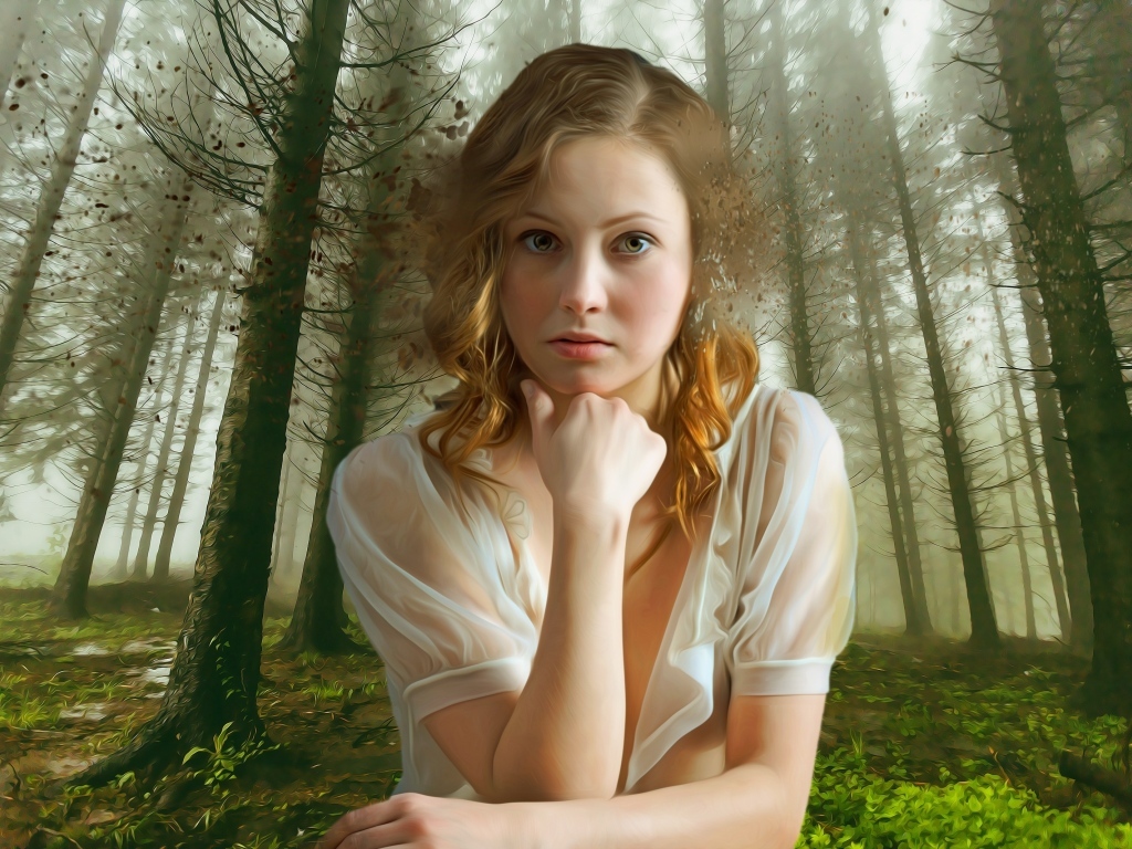 Красивая девушка на фоне нарисованного леса