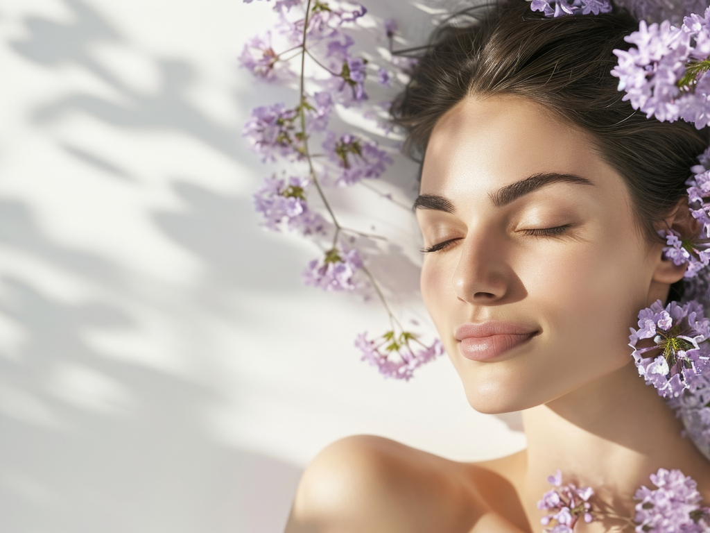 Красивая девушка с закрытыми глазами в цветах сирени