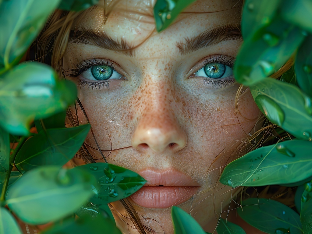 Красивая зеленоглазая девушка в зеленых листьях