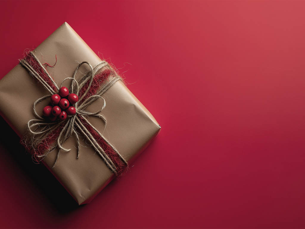 Подарок в бумаге на красном фоне