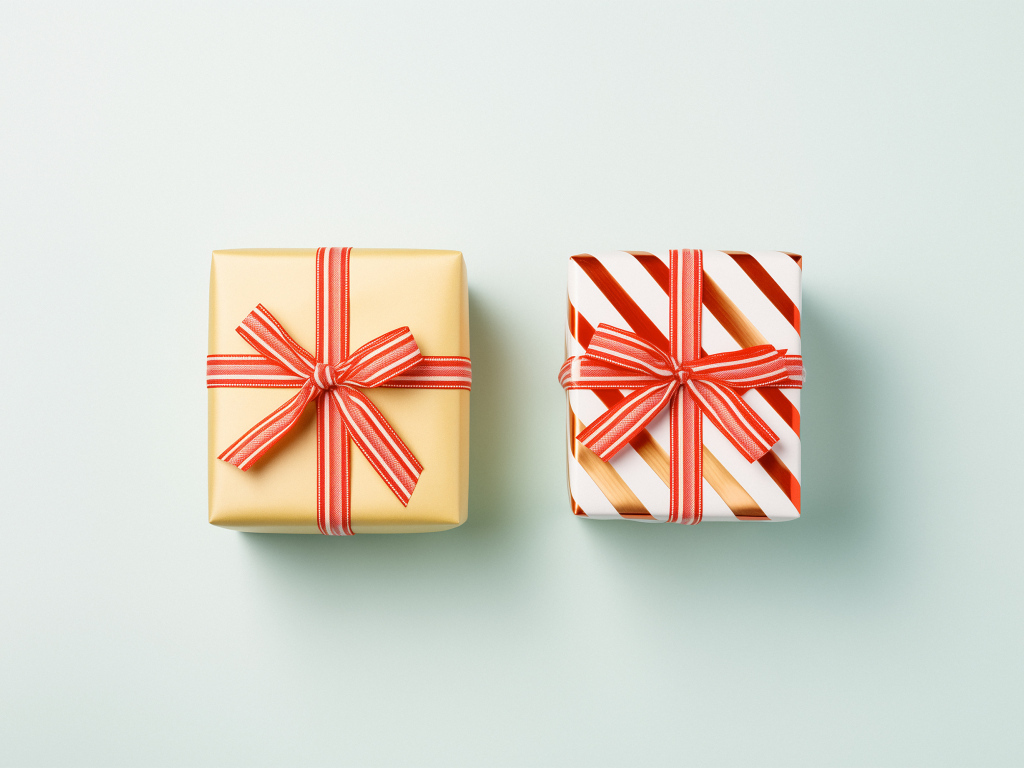 Два подарка с лентами на сером фоне