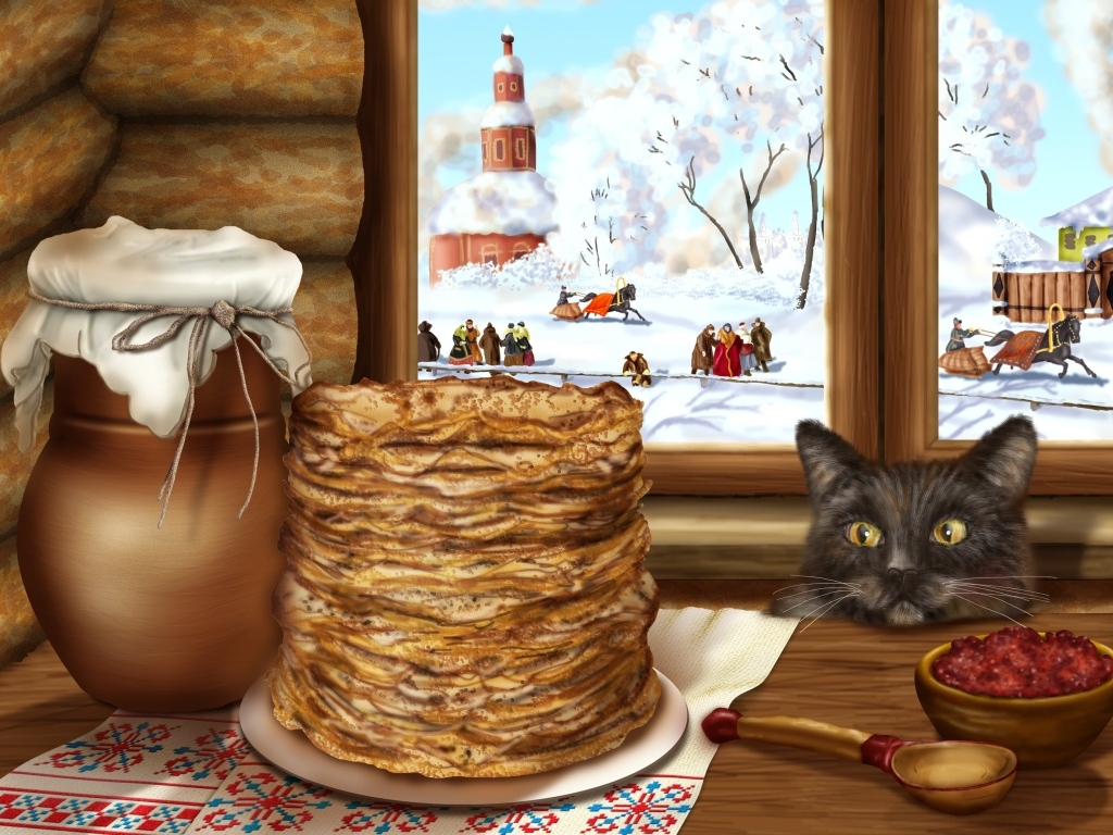 Нарисованный кот с блинами и икрой на Масленицу