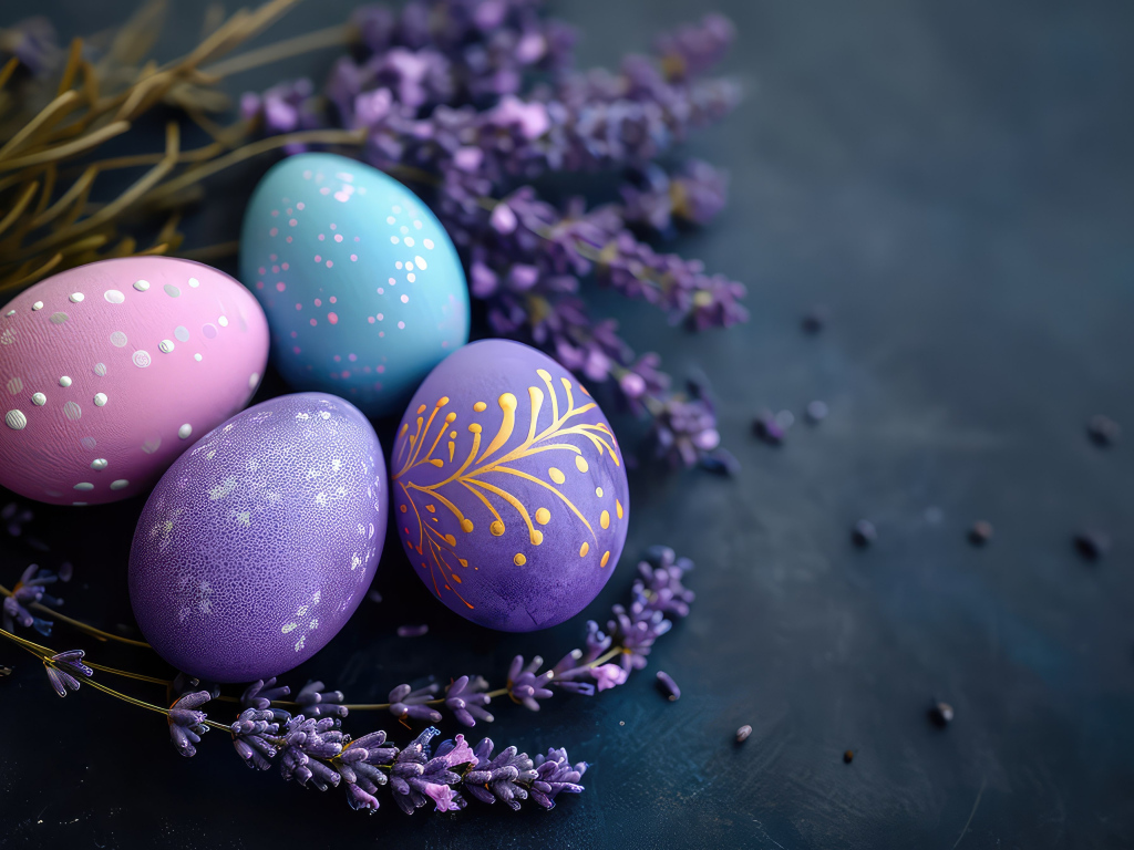 Красивые пасхальные яйца с веточками вербы на сером столе