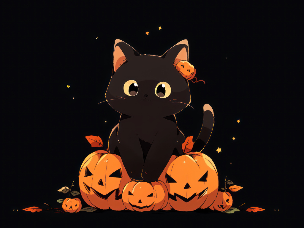 Маленький черный котенок с тыквами на Хэллоуин