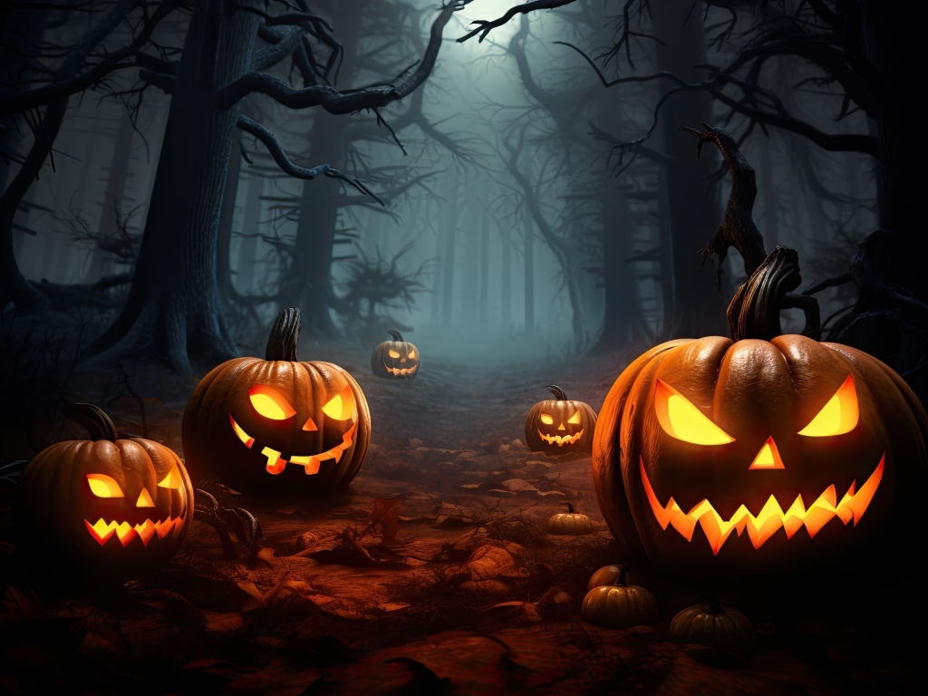 Фонари тыквы в зловещем темном лесу на Хэллоуин