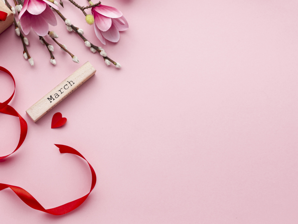 Розовый фон для открытки на 8 марта с цветами и лентами