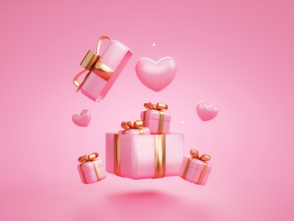 Подарки и сердечки на розовом фоне для любимой на день влюбленных