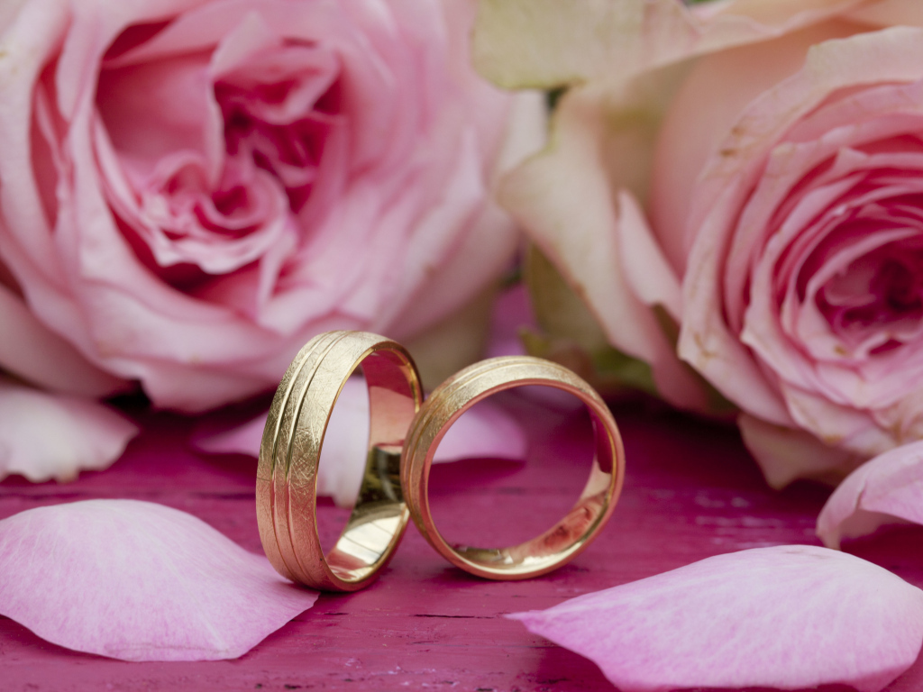 Два золотых обручальных кольца с цветами розы
