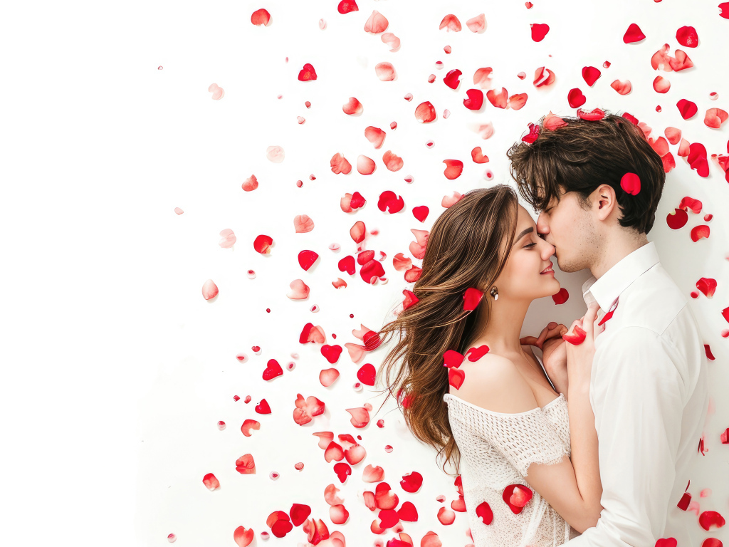 Красивая влюбленная пара в лепестках роз на белом фоне