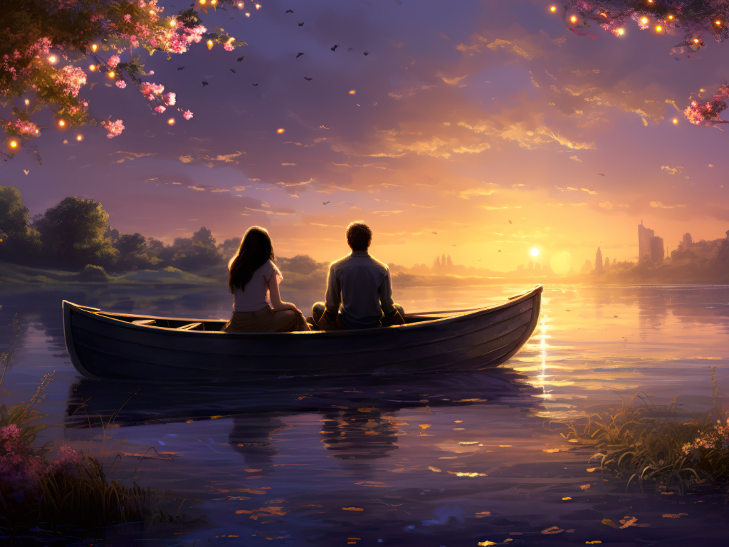Влюбленная пара в лодке на озере на закате