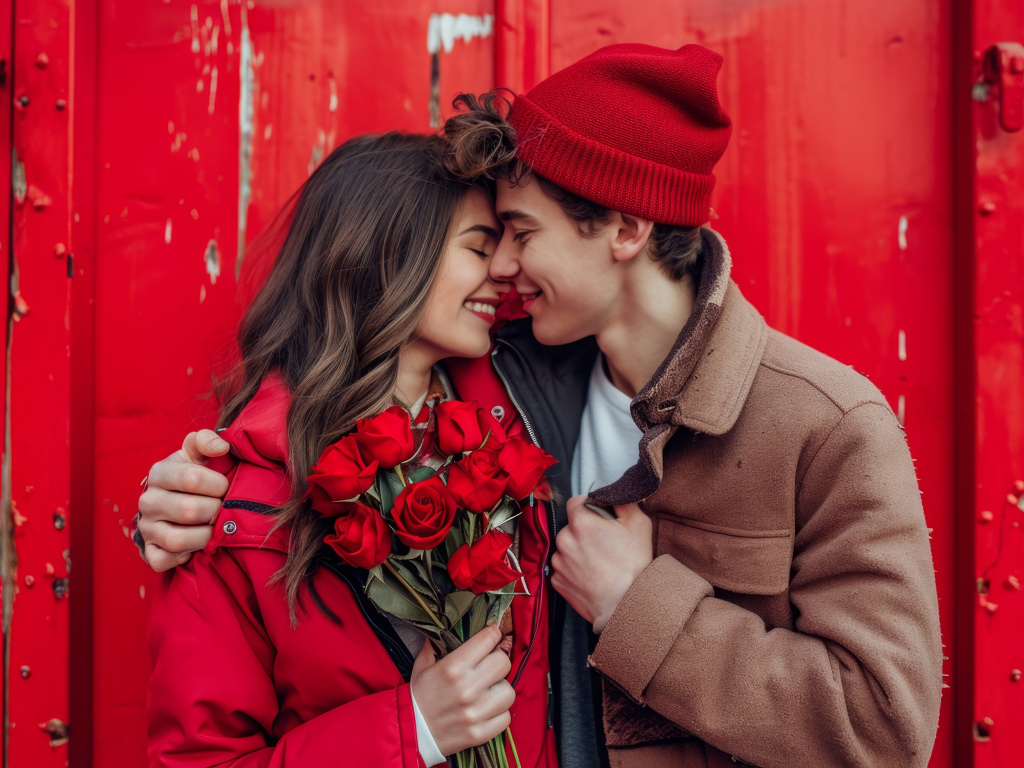 Влюбленная пара с букетом красных роз у стены