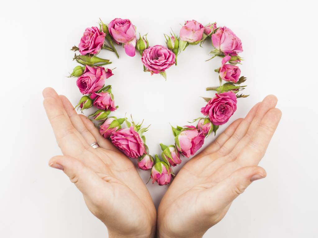 Ладони и сердце из цветов на белом фоне