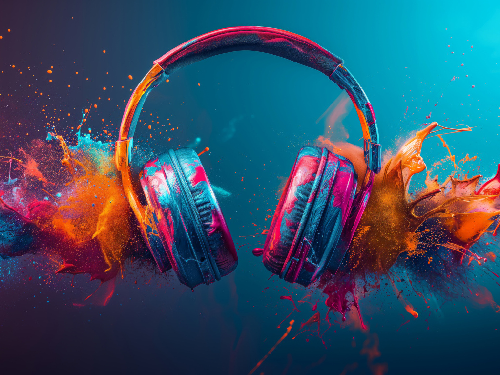 Наушники с брызгами краски на голубом фоне