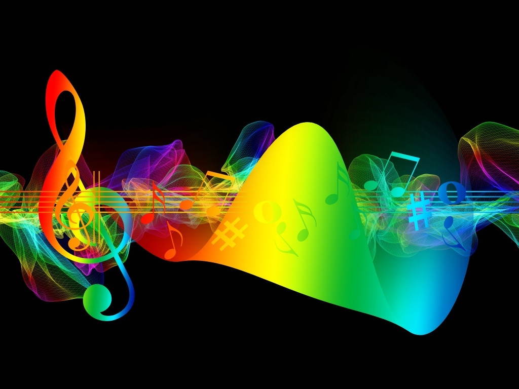 Разноцветный музыкальный ряд с нотами на черном фоне