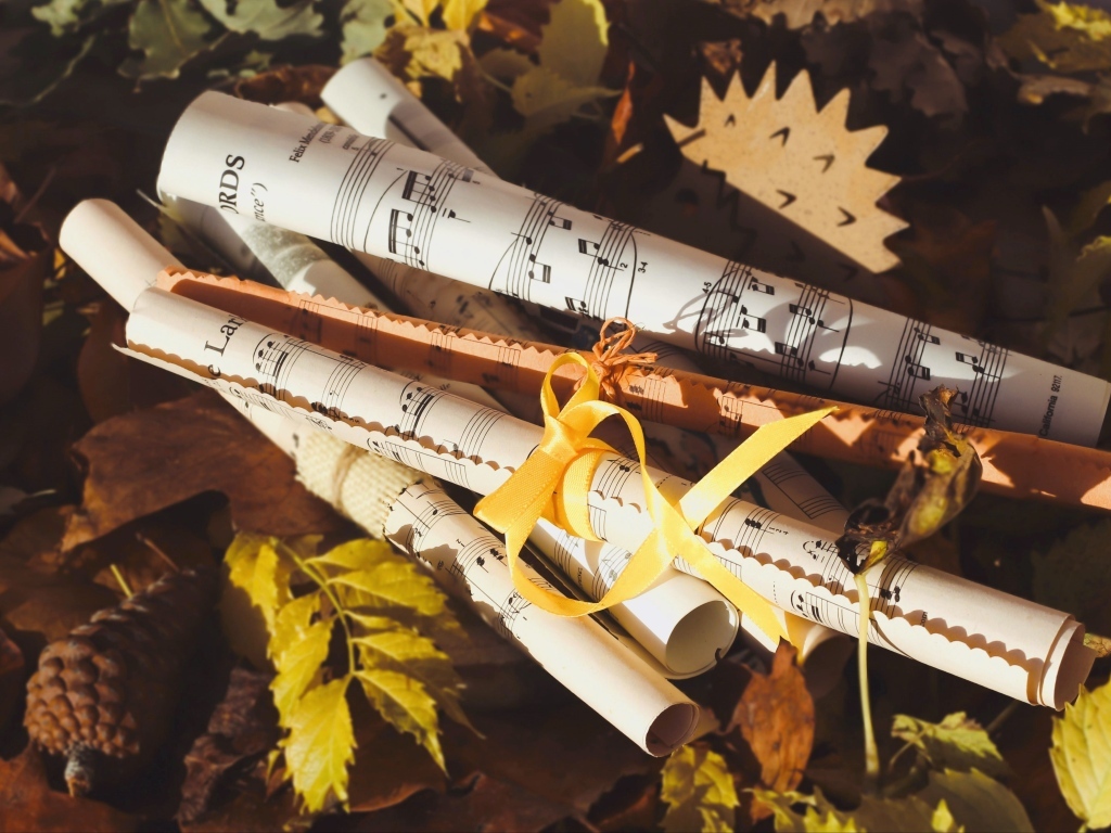 Ноты лежат на земле с опавшими листьями