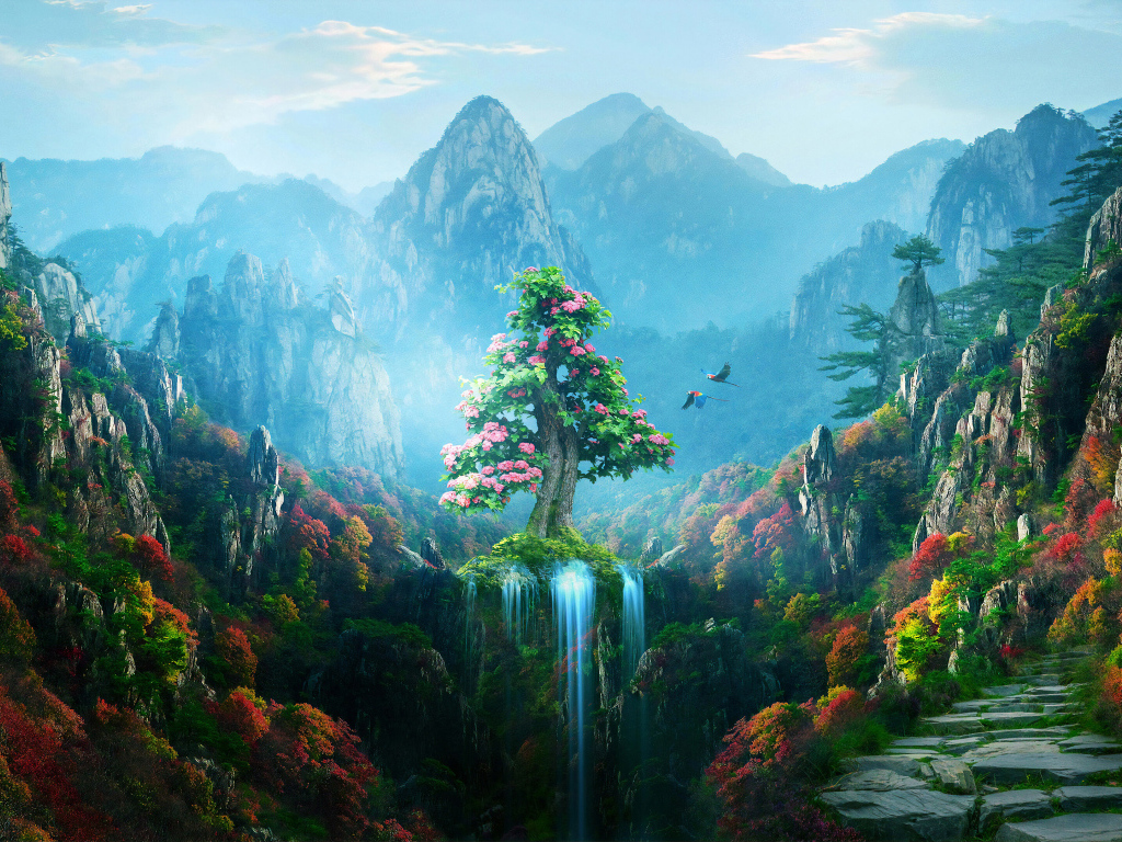 Красивый вид на фантастическое цветущее дерево в горах