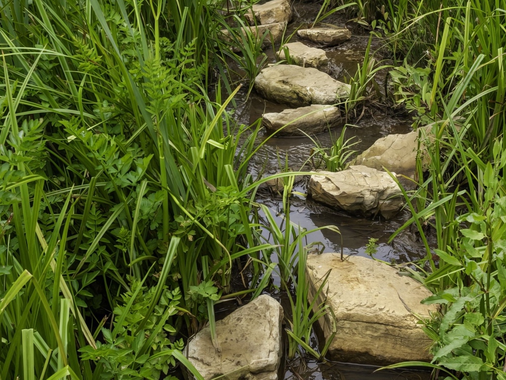 Большие камни в ручье в зеленой траве