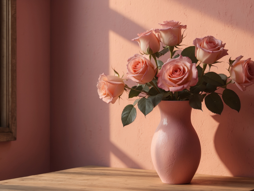 Букет нежных розовых роз в вазе у стены в лучах солнца