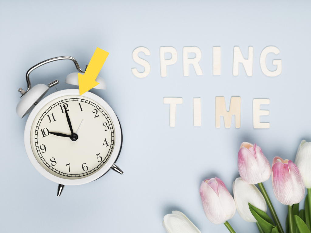 Будильник на голубом фоне с тюльпанами и надписью