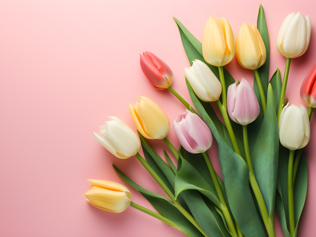 Букет нежных свежих тюльпанов на розовом фоне
