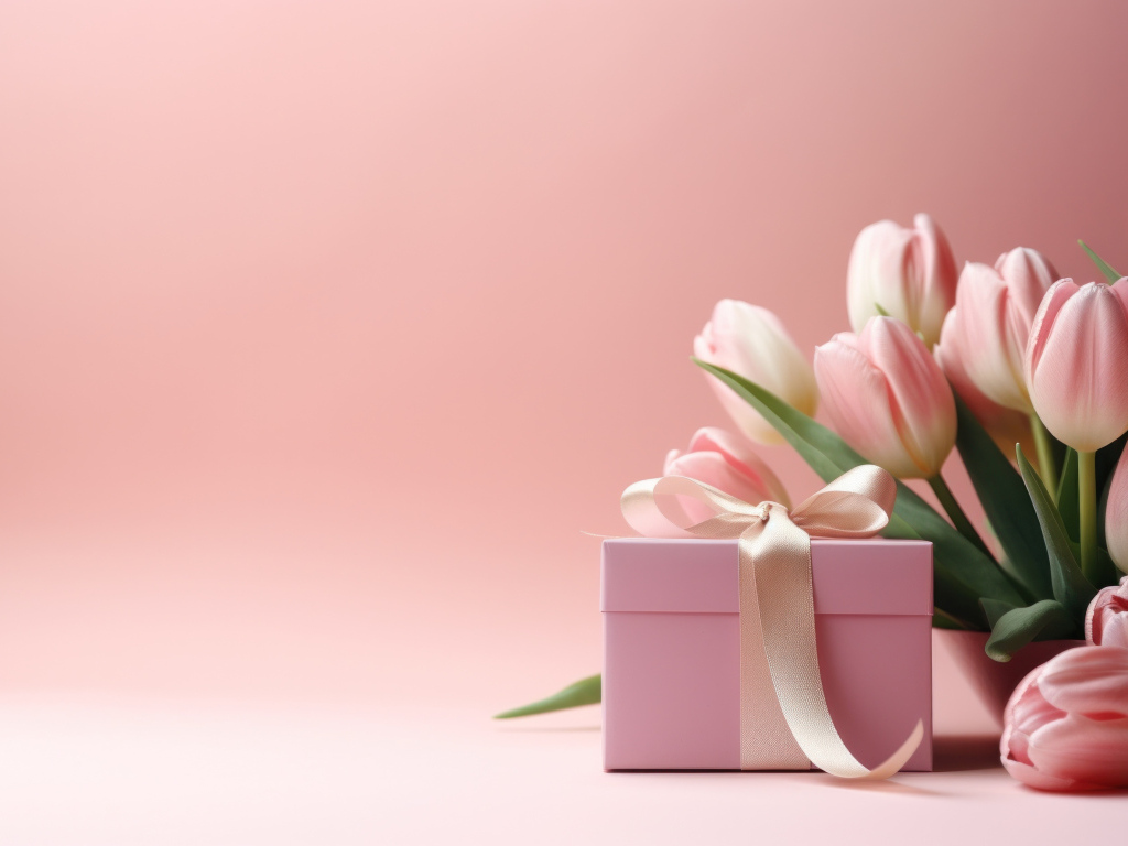 Букет тюльпанов и подарок на розовом фоне