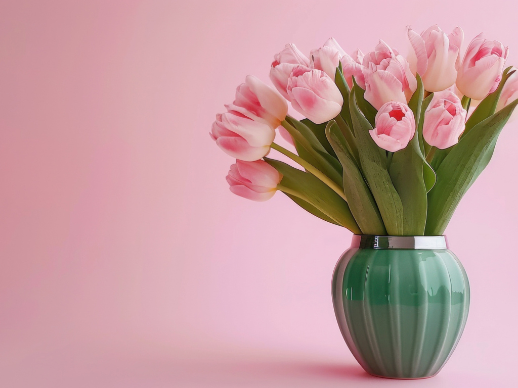 Букет тюльпанов зеленой вазе на розовом фоне