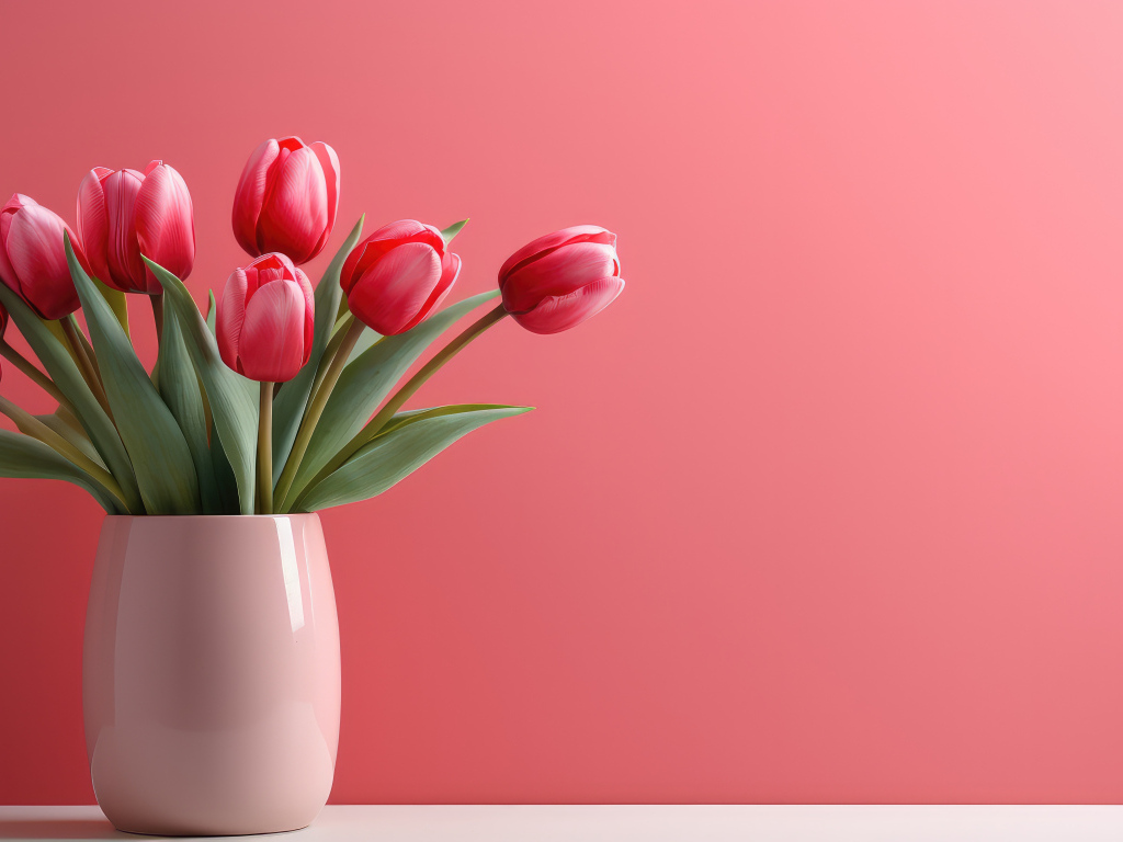Букет тюльпанов в белой вазе на розовом фоне