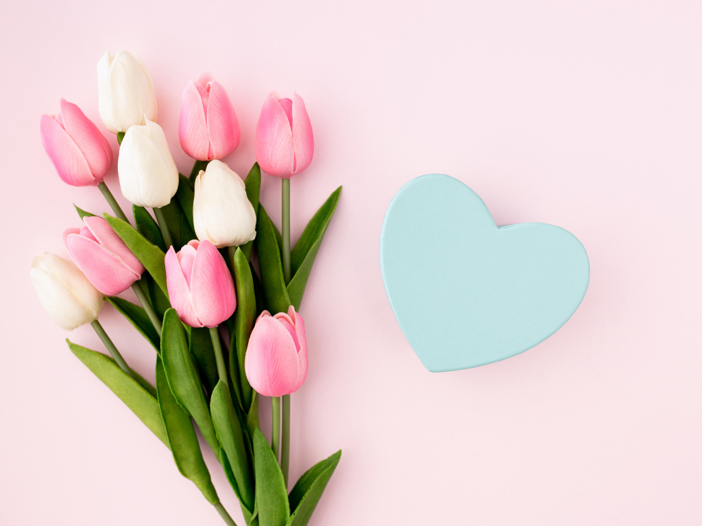 Букет тюльпанов с голубым сердцем на розовом фоне 