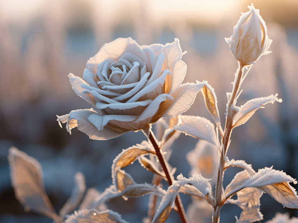 Покрытая инеем роза с бутоном в лучах солнца