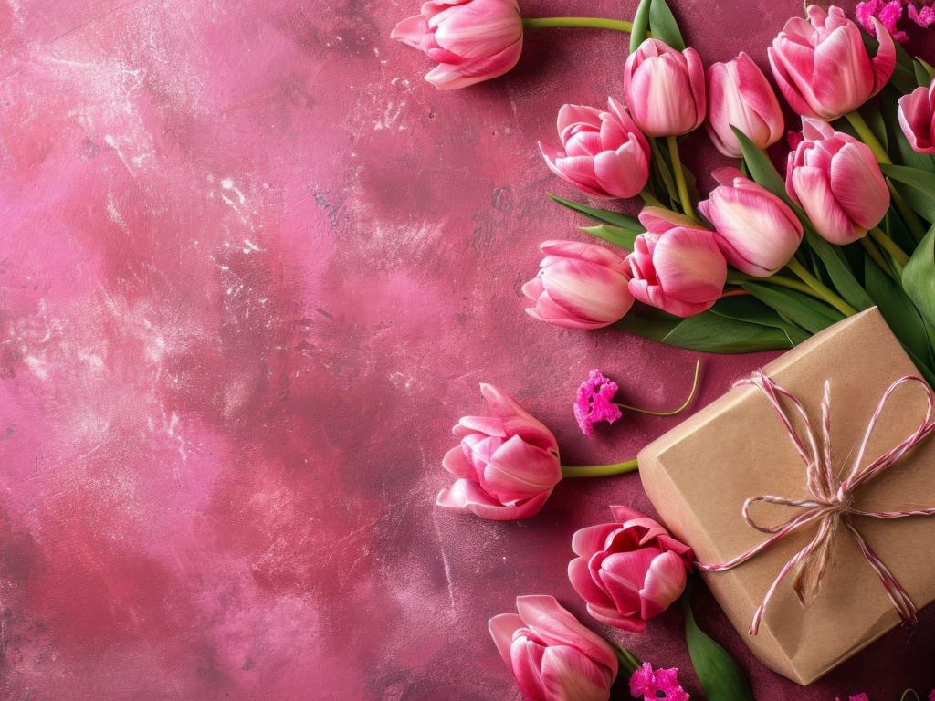 Подарок и красивый букет тюльпанов на необычном розовом фоне