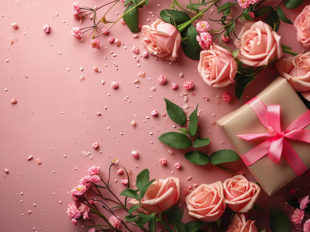 Подарок с розами на розовом фоне