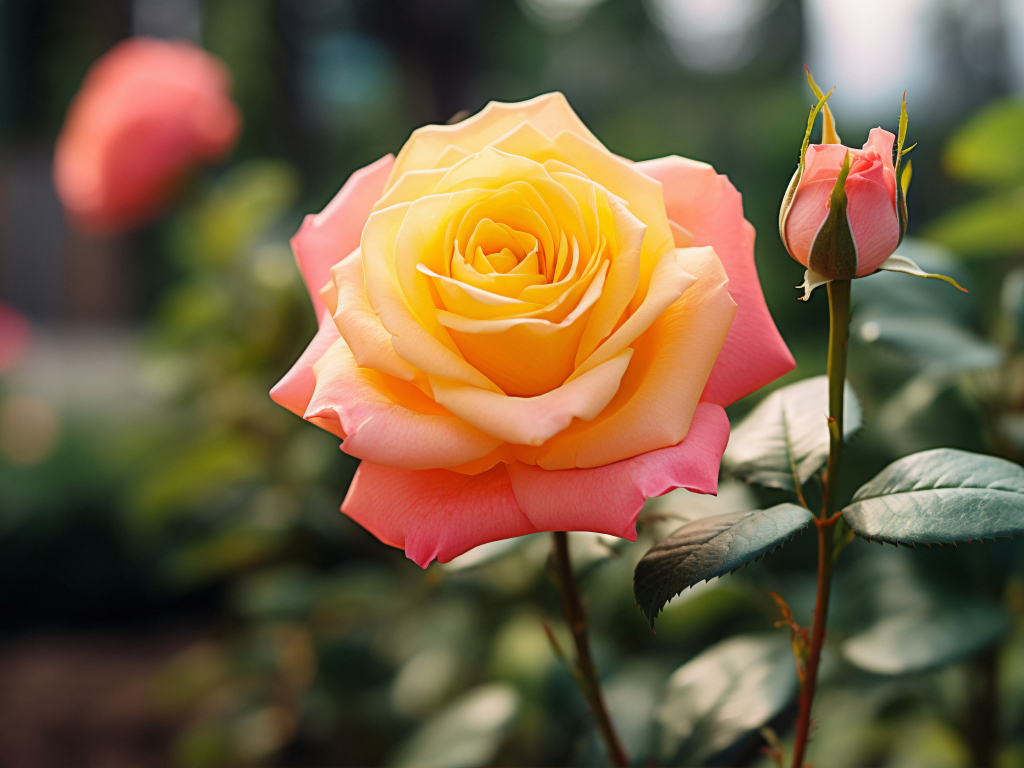 Розовая роза с желтой серединкой с бутоном